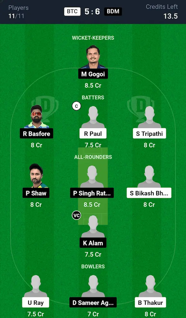 BTC vs BDM Dream11 Prediction Grand League Team