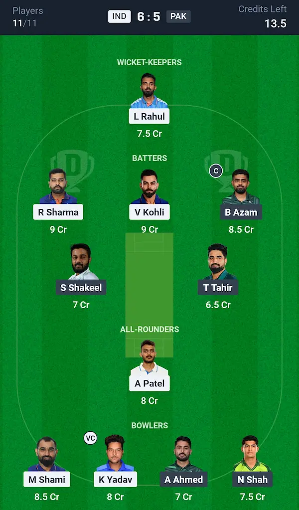 IND vs PAK Dream11 Prediction Grand League Team