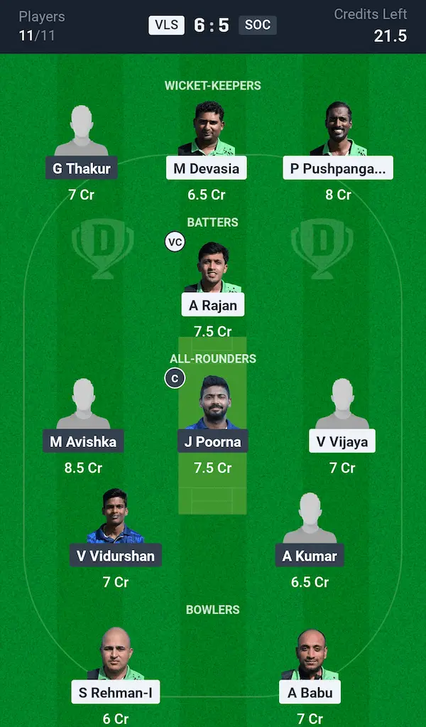 VLS vs SOC Dream11 Prediction Small League Team