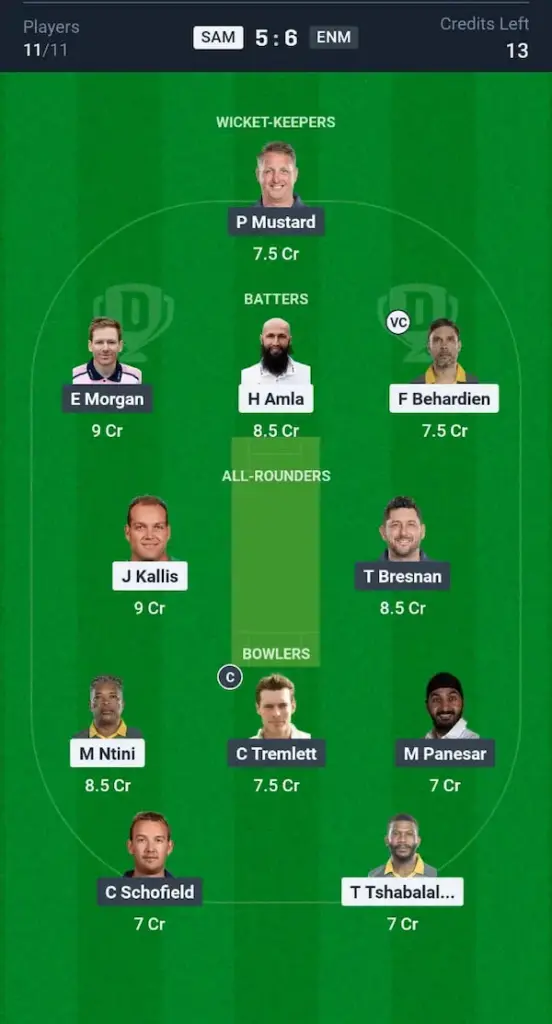 SAM vs ENM Dream11 Prediction Grand League Team