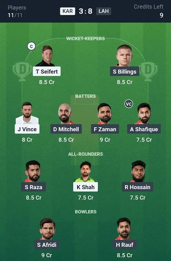KAR vs LAH My11 Circle, Dream11 Prediction Small League Team