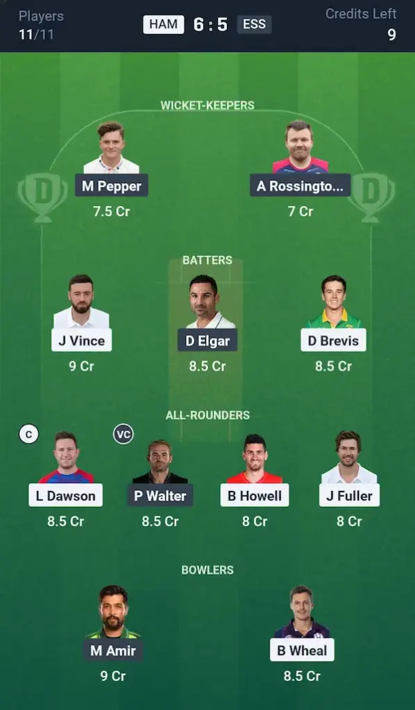 HAM vs ESS Dream11 Prediction Small League Team