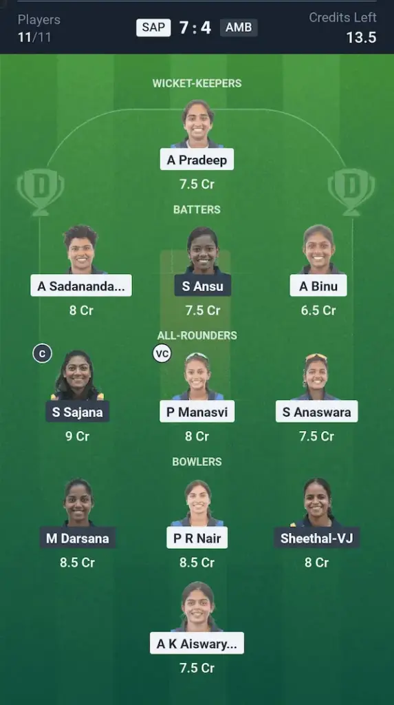 SAP vs AMB My11 Circle, Dream11 Prediction Small League Team