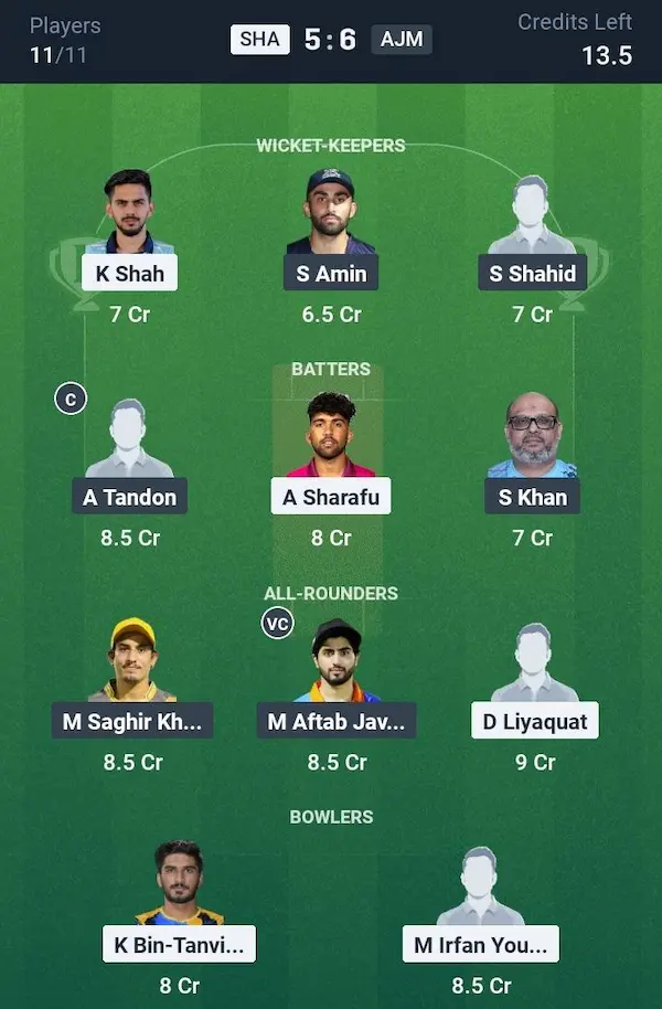 SHA vs AJM Dream11 Prediction Grand League Team