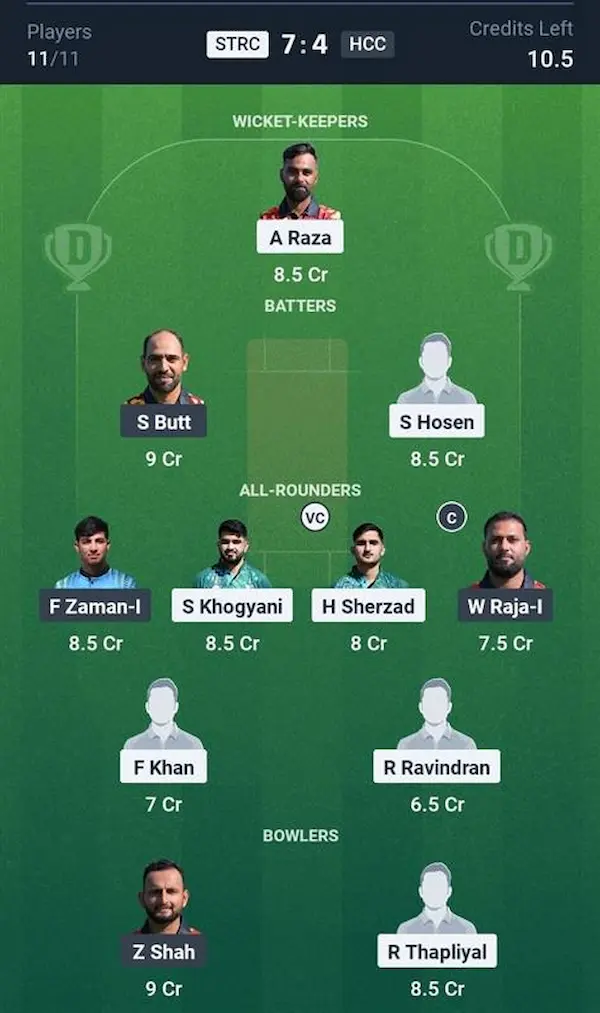 STRC vs HCC My11 Circle, Dream11 Prediction Grand League Team