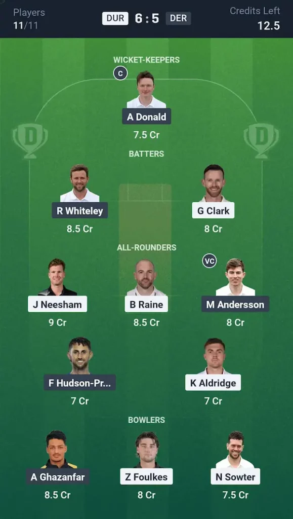 DUR vs DER Dream11 Prediction Grand League Team