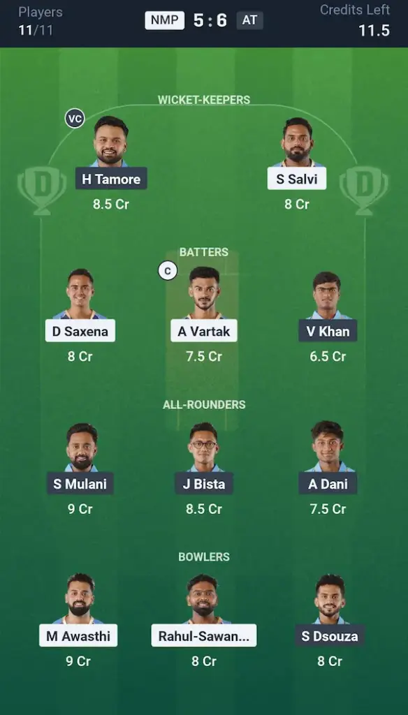 NMP vs AT My11 Circle, Dream11 Prediction Grand League Team