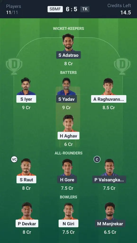 SBMF vs TK My11 Circle, Dream11 Prediction Grand League Team