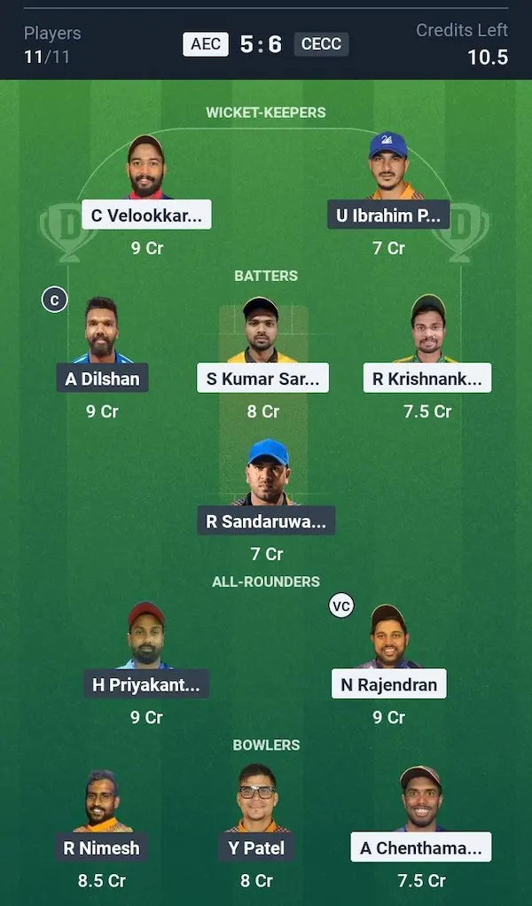 AL Mulla Exchange vs CECC-A, Dream11 Prediction Small League Team