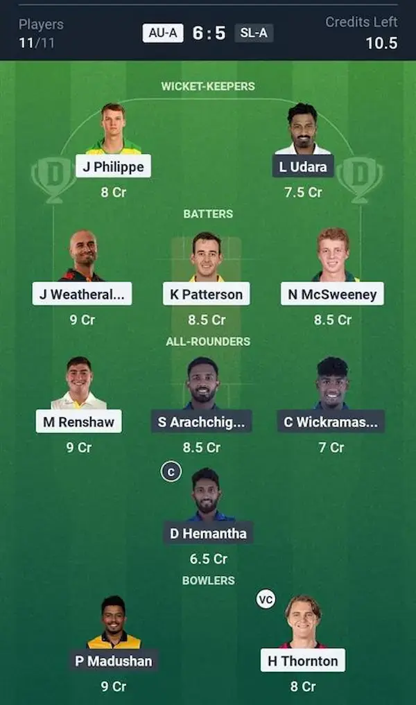 AUS A vs SL A Dream11 Prediction Grand League Team