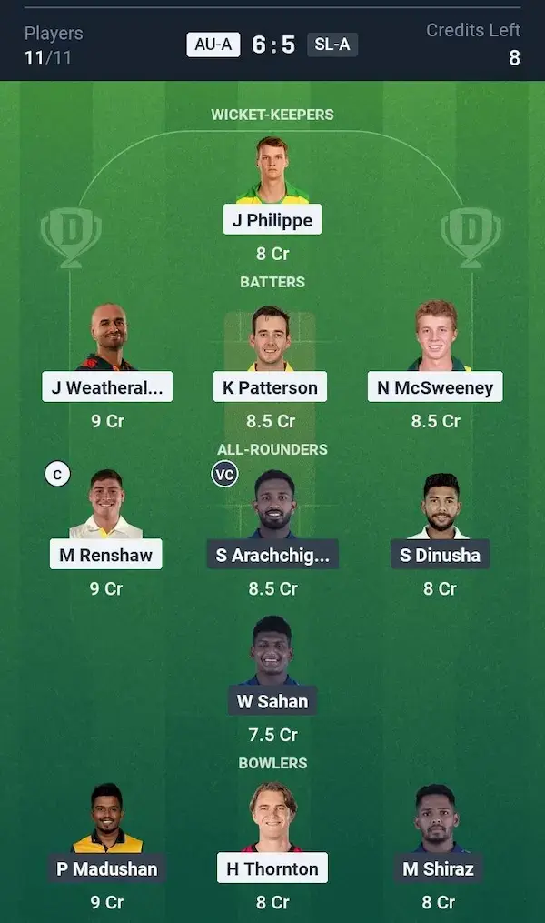 AUS A vs SL A Dream11 Prediction Small League Team
