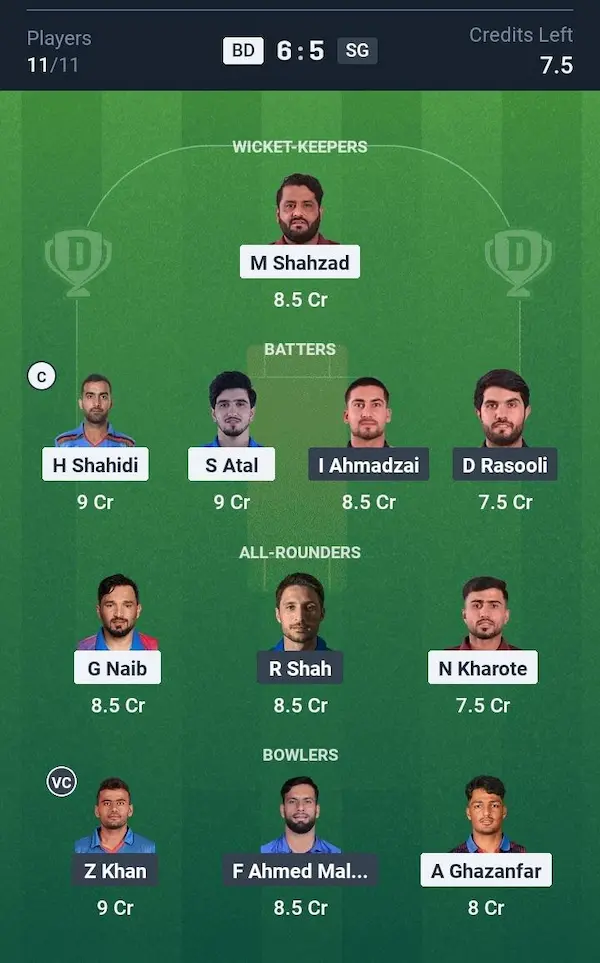 BD vs SG My11 Circle, Dream11 Prediction Grand League Team