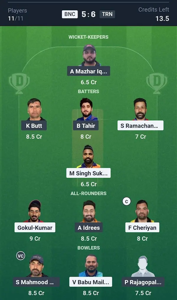 Bader and Nie Cricket Club vs Tally Rangers , Dream11 Prediction Grand League Team