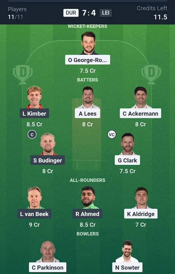 DUR vs LEI Dream11 Prediction Grand League Team