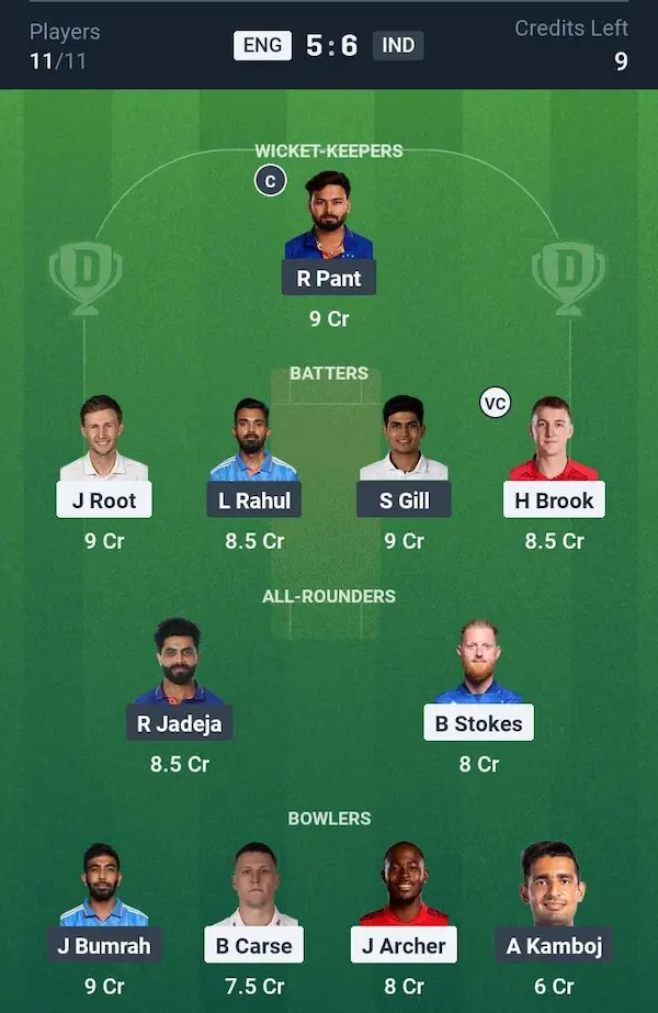 England vs India, Dream11 Prediction Grand League Team
