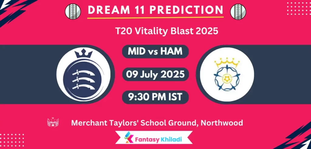 MID vs HAM Dream11 Prediction, Player Stats: T20 Vitality Blast 2025 Match 91st Playing 11, Pitch Report, Fantasy Cricket Tips