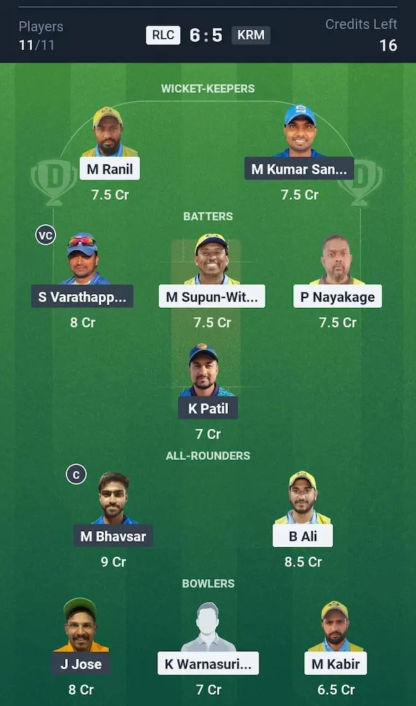 Royal Lions CC vs ACE KRM Panthers, Dream11 Prediction Small League Team