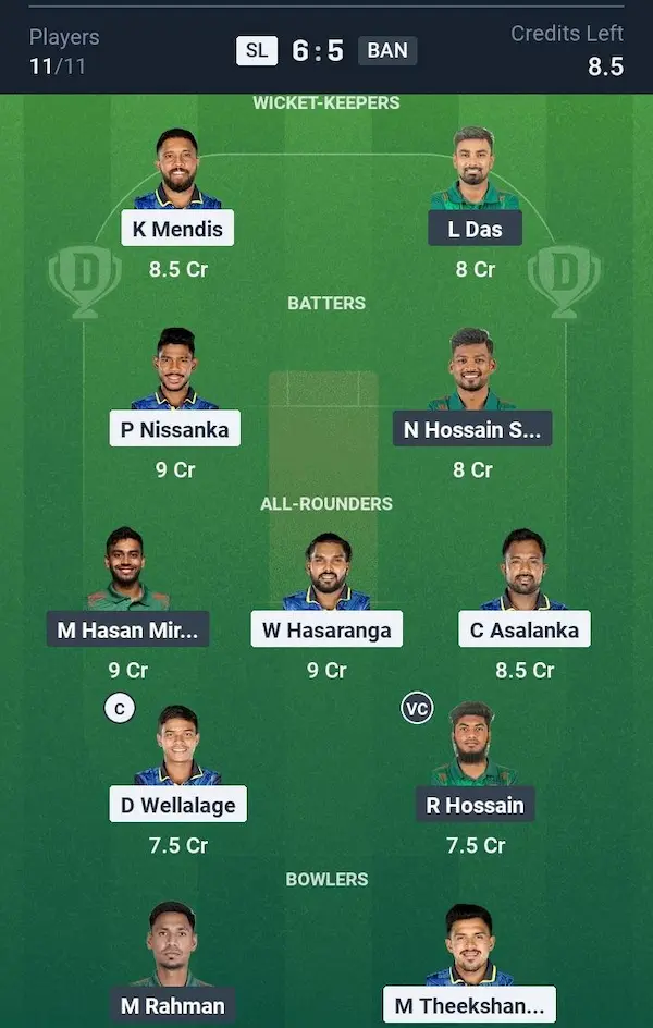 SL vs BAN My11 Circle, Dream11 Prediction Grand League Team