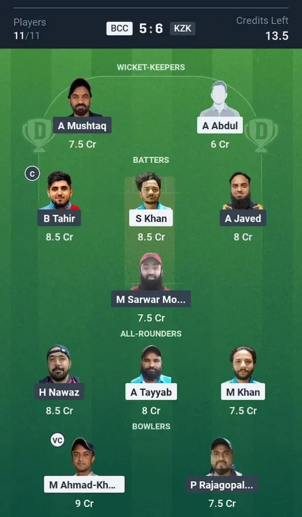 Bihar CC vs Khan Zalmi Kings, Dream11 Prediction Small League Team