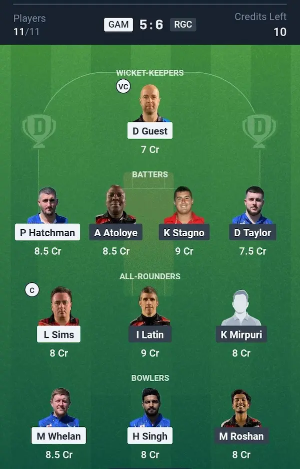 Gaming CC vs Rugby CC, Dream11 Prediction Grand League Team