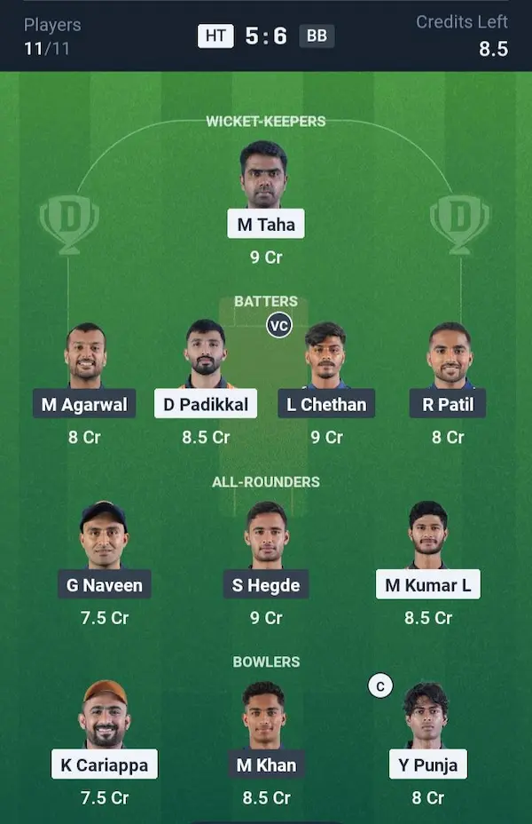 Hubli Tigers vs Bengaluru Blasters, Dream11 Prediction Grand League Team