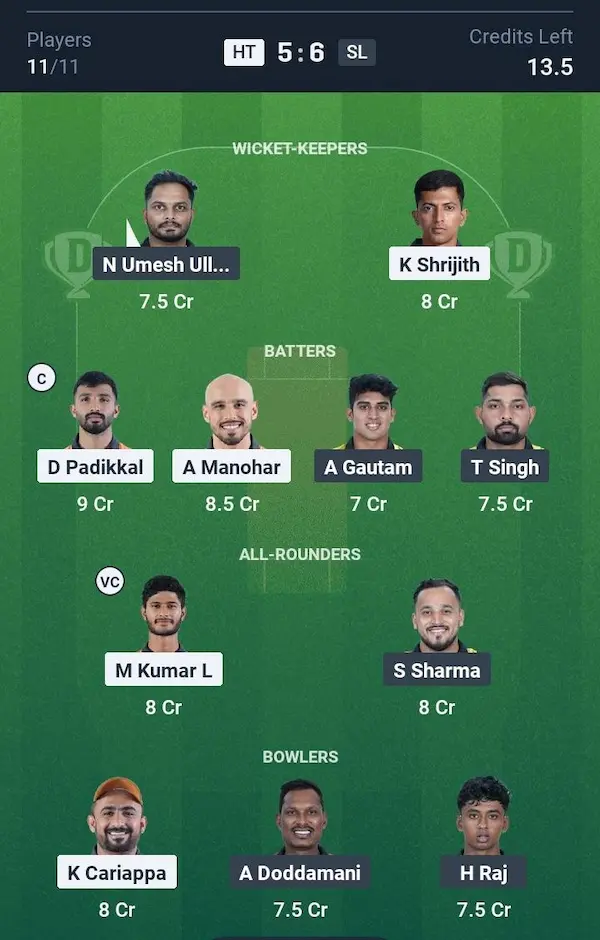 Hubli Tigers vs Shivamogga Lions, Dream11 Prediction Small League Team