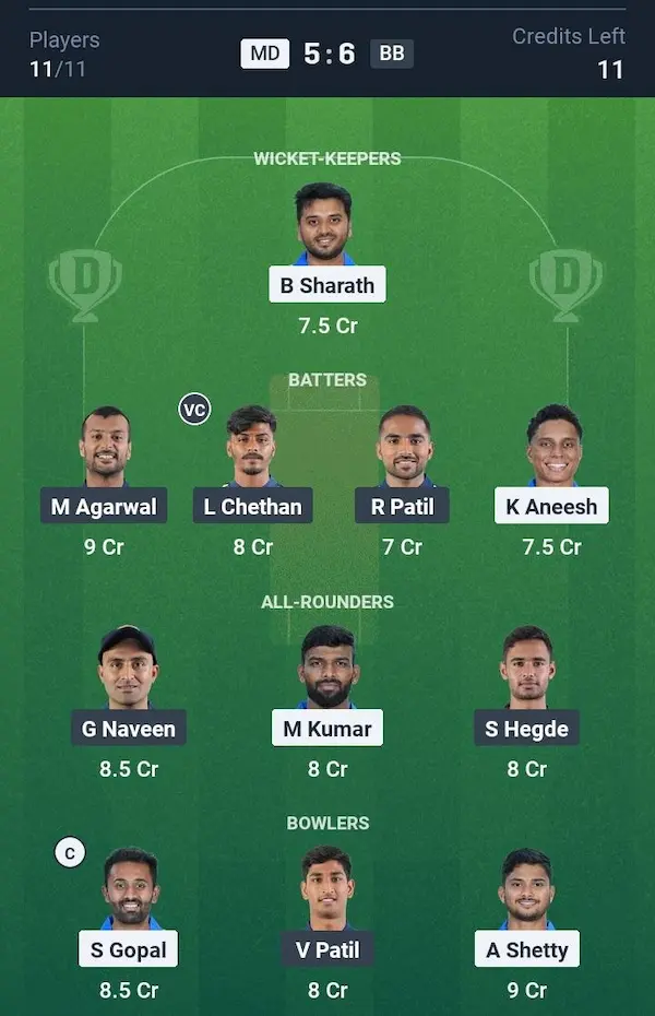 Mangaluru Dragons vs Bengaluru Blasters, Dream11 Prediction Grand League Team
