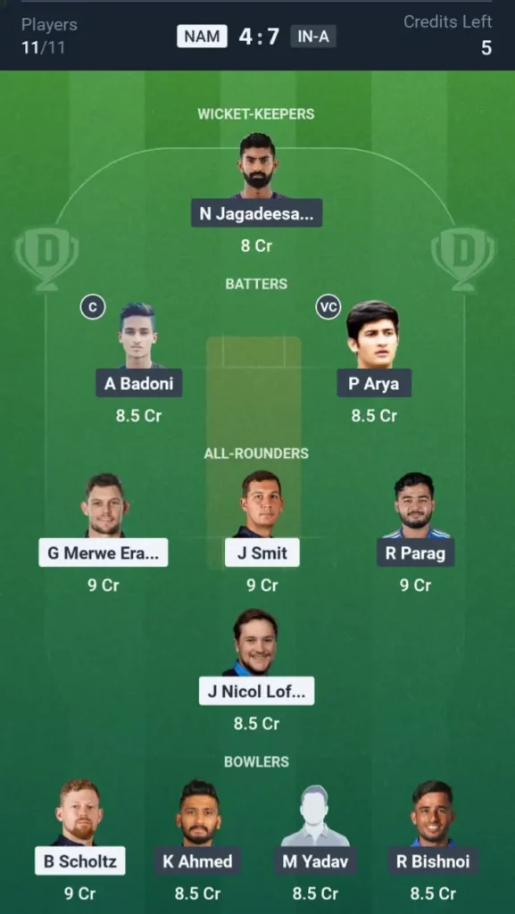 NAM vs IN-A Dream11 Prediction Grand League Team